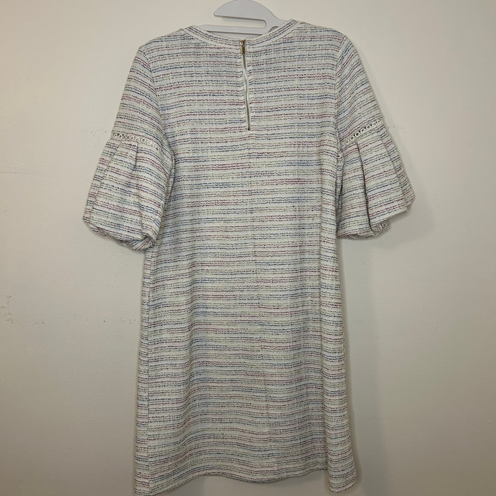 LOFT Boucle Cotton‎ Blend Textured Stripe Puff Sleeve Shift Dress Size S - Picture 7 of 8